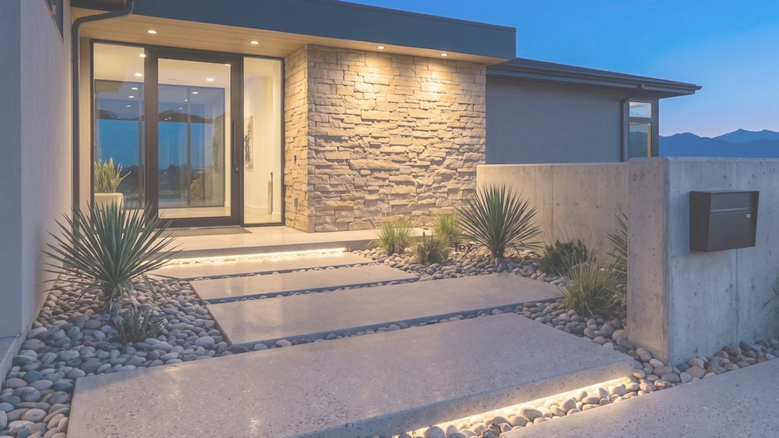 Modern home entrance with concrete walkway at dusk